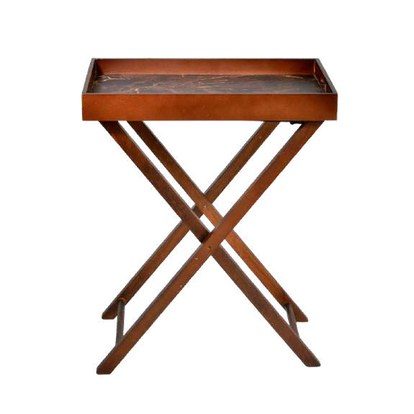 Butler table from an angle, showing the folding X-frame
