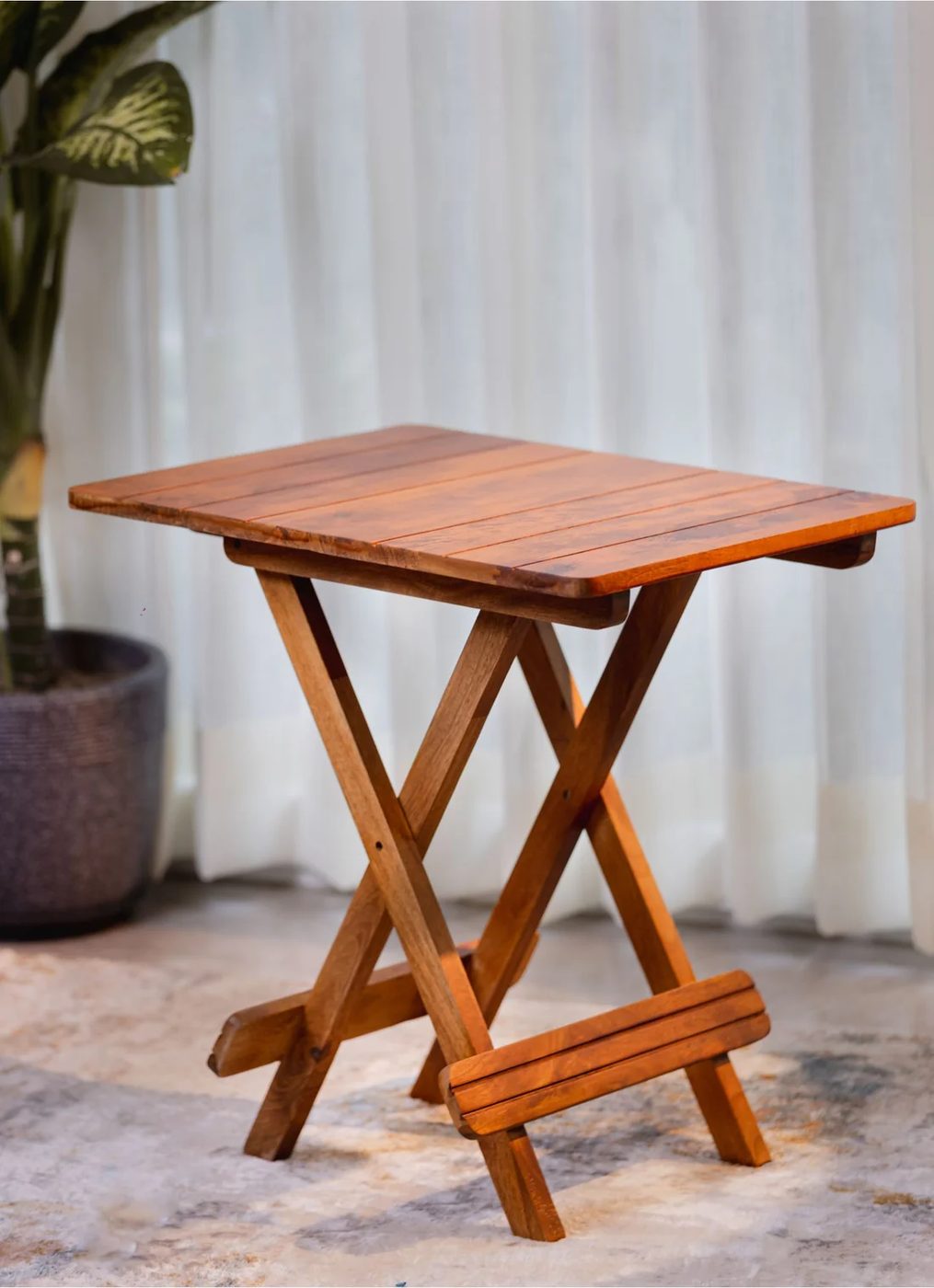 Honey-finish folding side table, top open