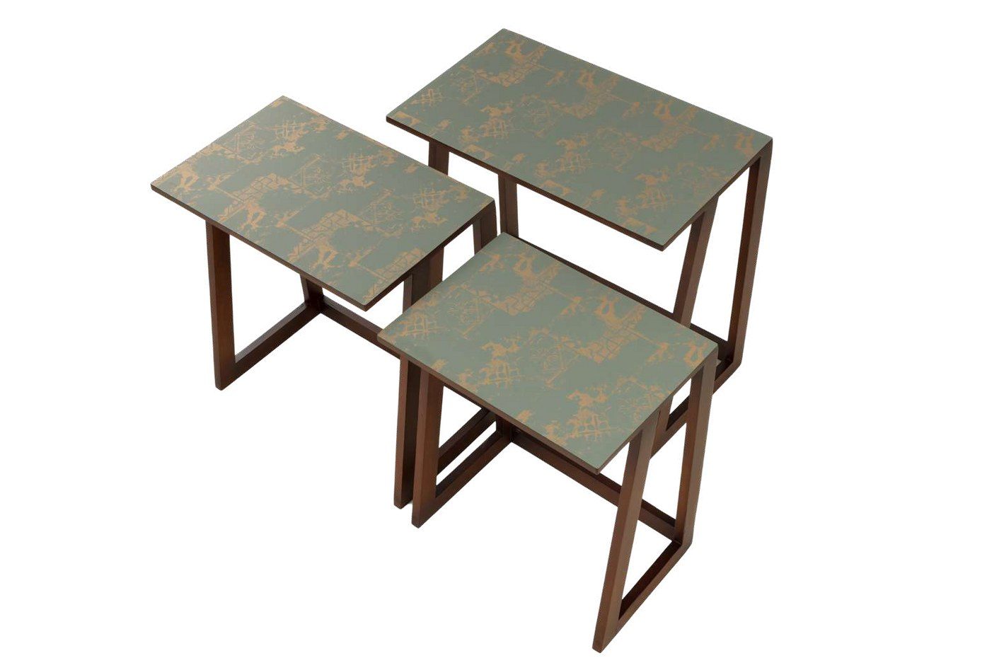 The three nesting tables spread apart, stone tops